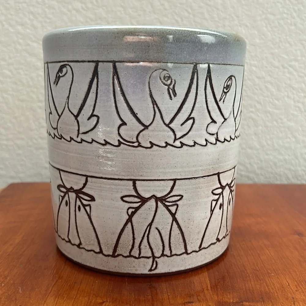 Sills Artist Signed Pottery Vase  Sgraffito Design Of Swans On A Lake And Cows